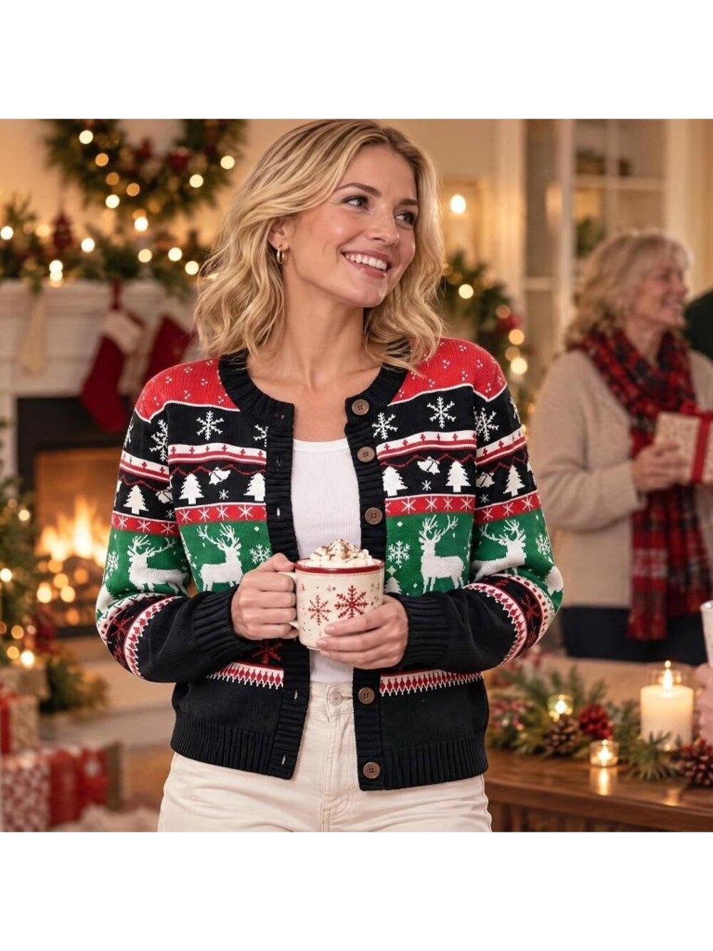 Women’s Black Fair Isle Reindeer Ugly Christmas Knit Button Cardigan Sweater